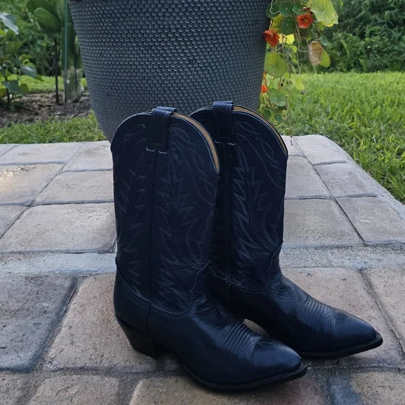 Vintage 90s Nocona Navy Leather Cowboy Boots | Made in USA | Western Heritage - Picture 8 of 10